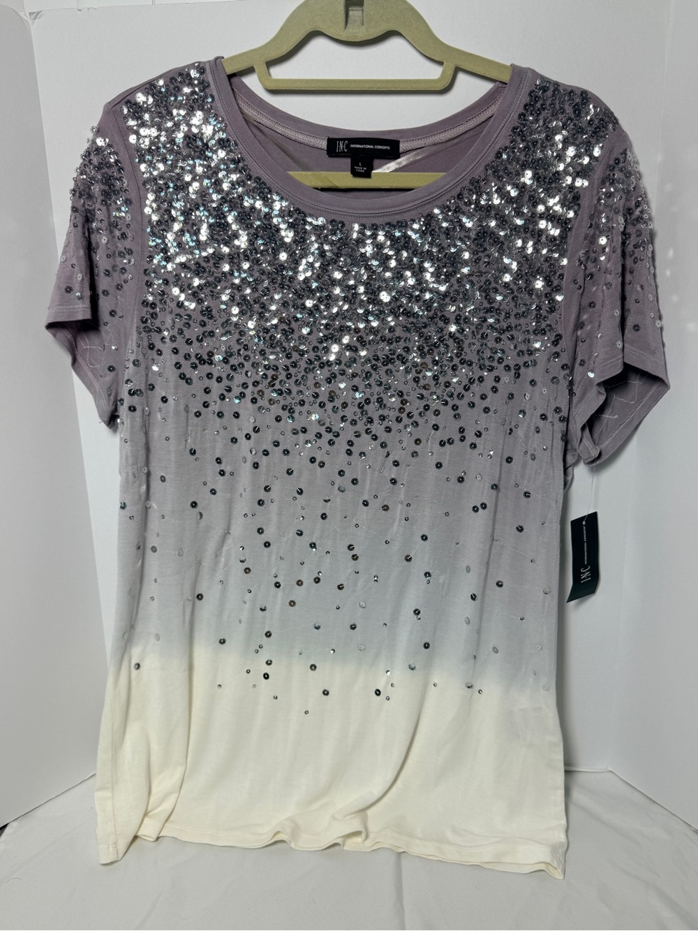 INC International Concepts Lavender Ombre Sequin Short Sleeve Tee